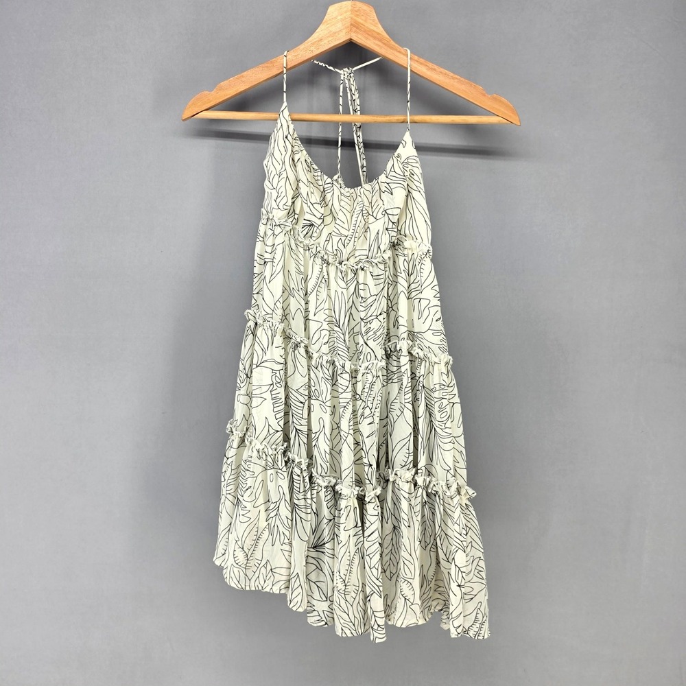 Blush BJ Mini Dress Womens S White Black Tropical Leaf Tiered Halter D4344S-1